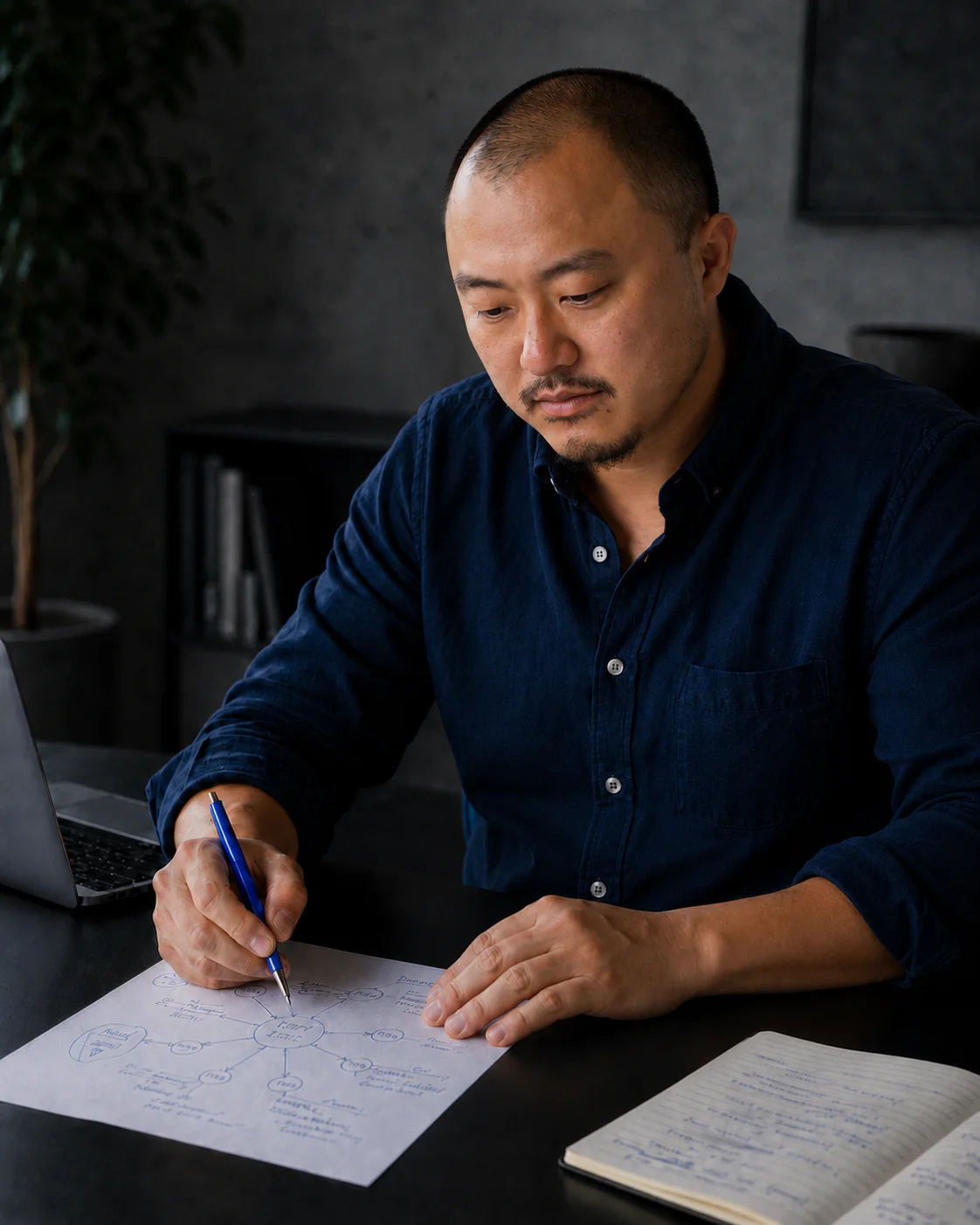 Yoyao Hsueh reviewing a topical map at his desk